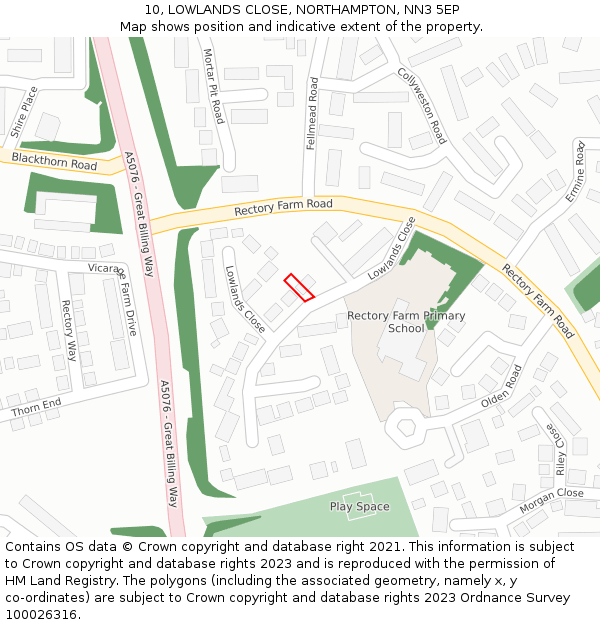 10, LOWLANDS CLOSE, NORTHAMPTON, NN3 5EP: Location map and indicative extent of plot