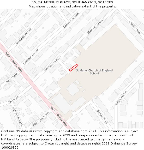 10, MALMESBURY PLACE, SOUTHAMPTON, SO15 5FS: Location map and indicative extent of plot