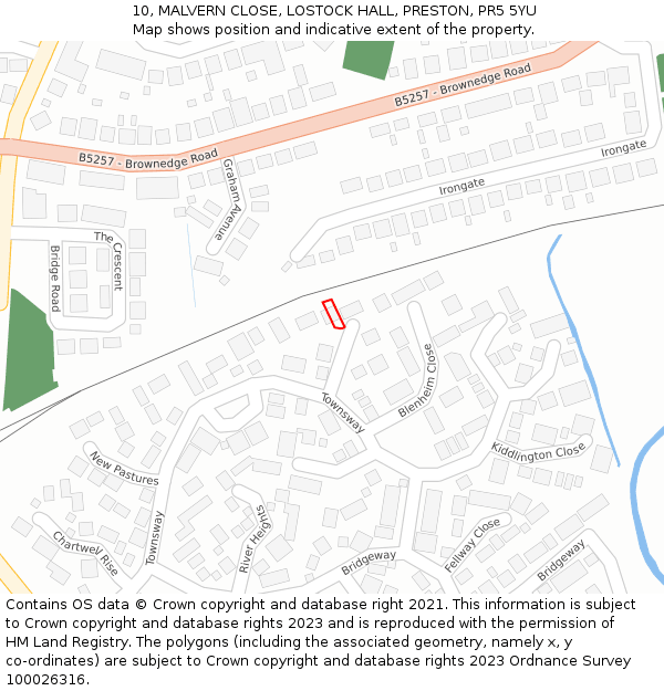 10, MALVERN CLOSE, LOSTOCK HALL, PRESTON, PR5 5YU: Location map and indicative extent of plot