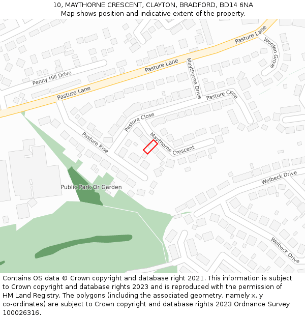 10, MAYTHORNE CRESCENT, CLAYTON, BRADFORD, BD14 6NA: Location map and indicative extent of plot