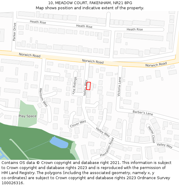 10, MEADOW COURT, FAKENHAM, NR21 8PG: Location map and indicative extent of plot