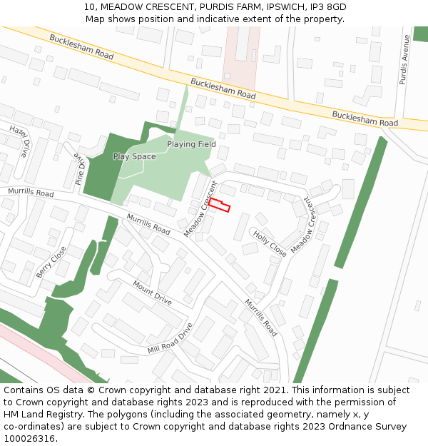 10, MEADOW CRESCENT, PURDIS FARM, IPSWICH, IP3 8GD: Location map and indicative extent of plot