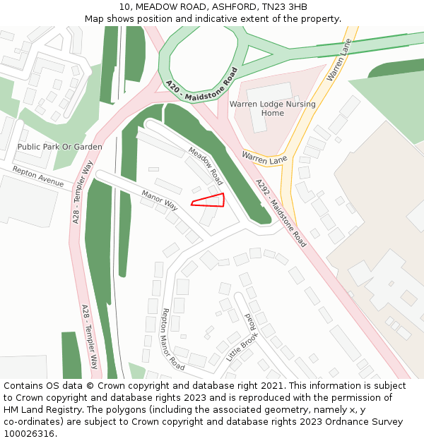 10, MEADOW ROAD, ASHFORD, TN23 3HB: Location map and indicative extent of plot