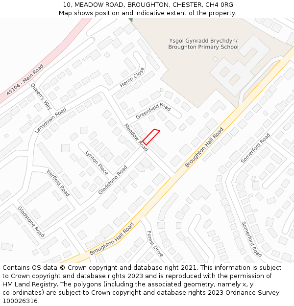 10, MEADOW ROAD, BROUGHTON, CHESTER, CH4 0RG: Location map and indicative extent of plot