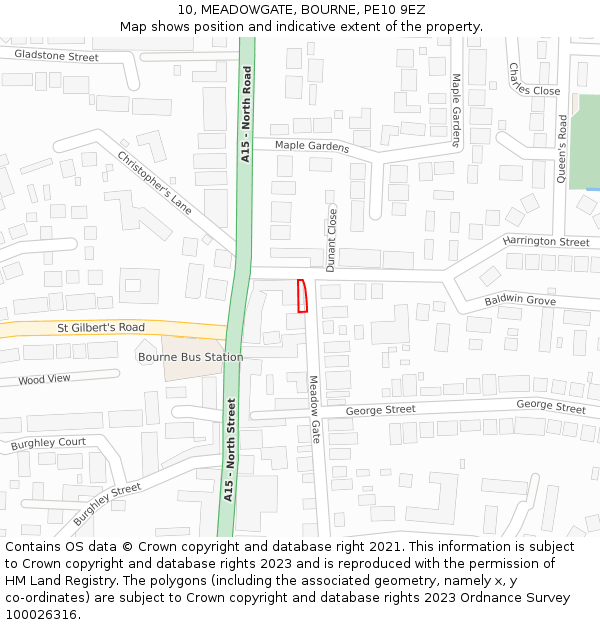 10, MEADOWGATE, BOURNE, PE10 9EZ: Location map and indicative extent of plot