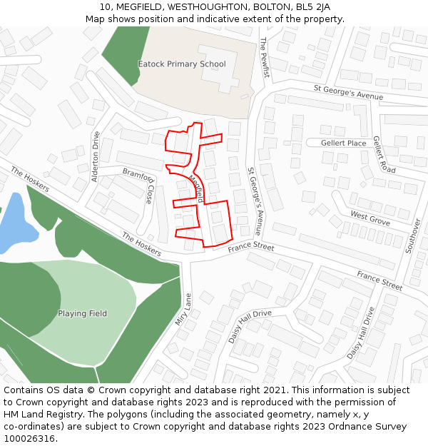 10, MEGFIELD, WESTHOUGHTON, BOLTON, BL5 2JA: Location map and indicative extent of plot