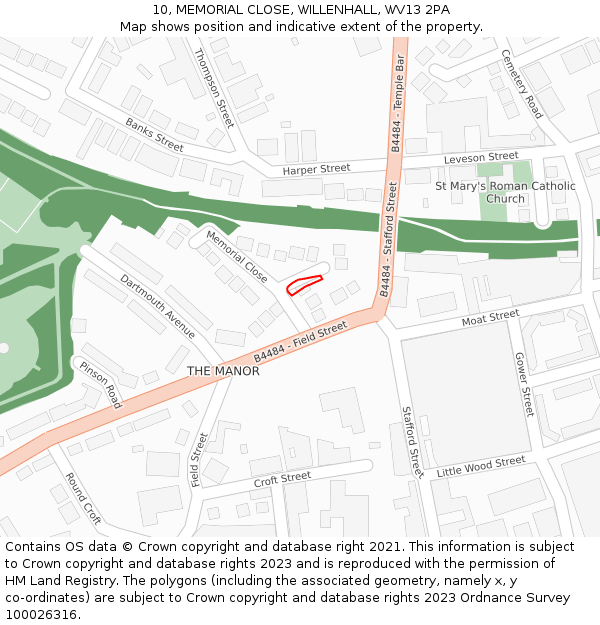 10, MEMORIAL CLOSE, WILLENHALL, WV13 2PA: Location map and indicative extent of plot