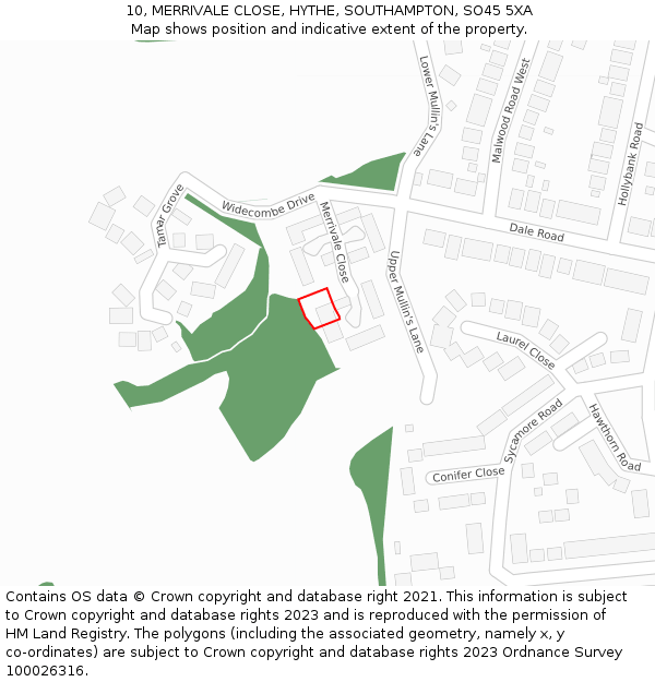 10, MERRIVALE CLOSE, HYTHE, SOUTHAMPTON, SO45 5XA: Location map and indicative extent of plot