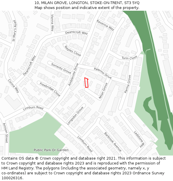 10, MILAN GROVE, LONGTON, STOKE-ON-TRENT, ST3 5YQ: Location map and indicative extent of plot