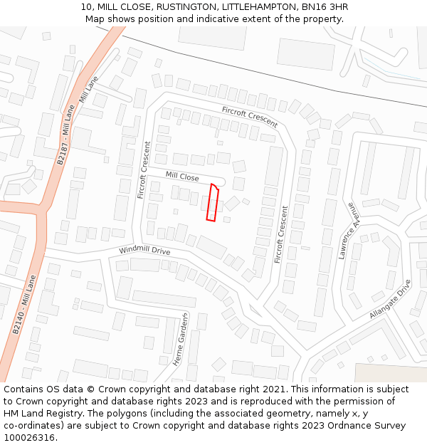10, MILL CLOSE, RUSTINGTON, LITTLEHAMPTON, BN16 3HR: Location map and indicative extent of plot