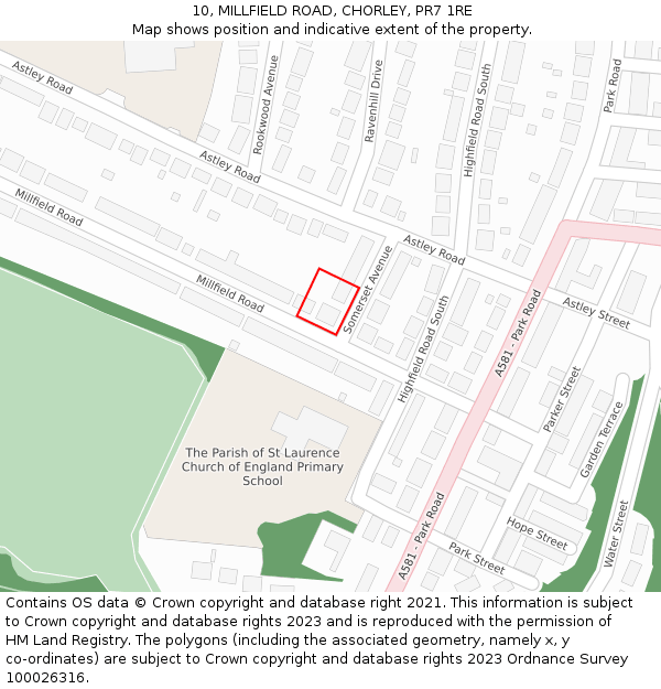 10, MILLFIELD ROAD, CHORLEY, PR7 1RE: Location map and indicative extent of plot
