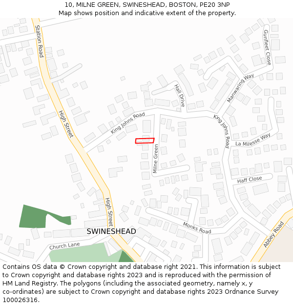 10, MILNE GREEN, SWINESHEAD, BOSTON, PE20 3NP: Location map and indicative extent of plot