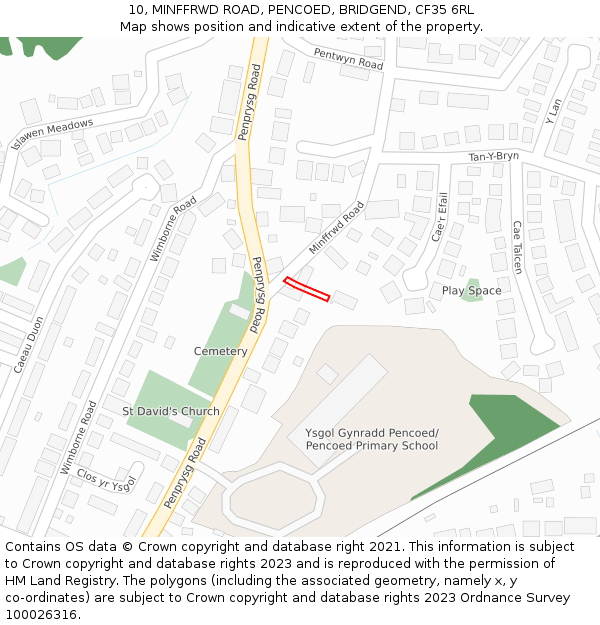 10, MINFFRWD ROAD, PENCOED, BRIDGEND, CF35 6RL: Location map and indicative extent of plot