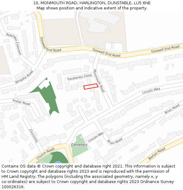 10, MONMOUTH ROAD, HARLINGTON, DUNSTABLE, LU5 6NE: Location map and indicative extent of plot