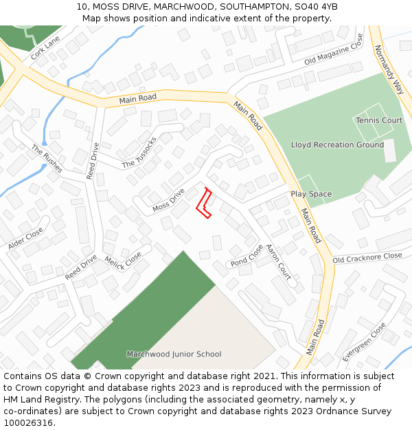 10, MOSS DRIVE, MARCHWOOD, SOUTHAMPTON, SO40 4YB: Location map and indicative extent of plot