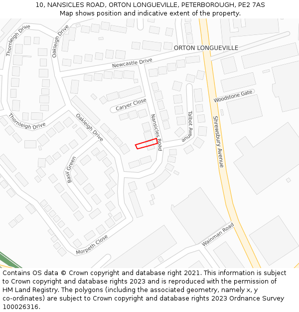 10, NANSICLES ROAD, ORTON LONGUEVILLE, PETERBOROUGH, PE2 7AS: Location map and indicative extent of plot