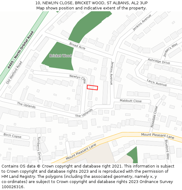 10, NEWLYN CLOSE, BRICKET WOOD, ST ALBANS, AL2 3UP: Location map and indicative extent of plot