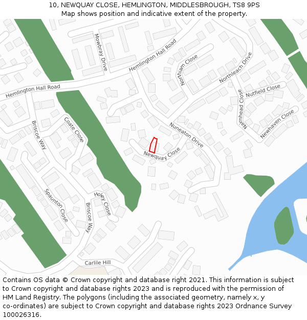 10, NEWQUAY CLOSE, HEMLINGTON, MIDDLESBROUGH, TS8 9PS: Location map and indicative extent of plot