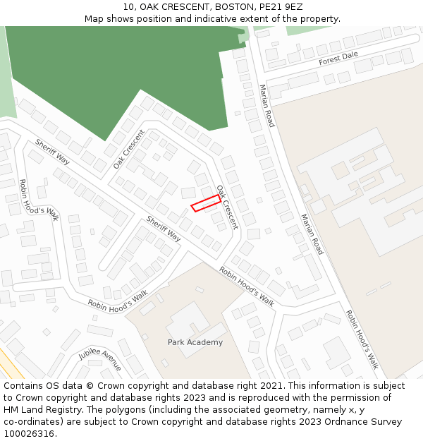 10, OAK CRESCENT, BOSTON, PE21 9EZ: Location map and indicative extent of plot