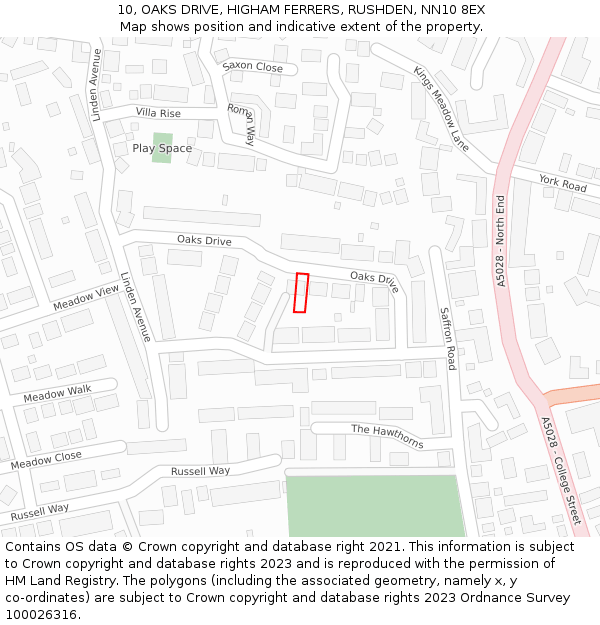10, OAKS DRIVE, HIGHAM FERRERS, RUSHDEN, NN10 8EX: Location map and indicative extent of plot
