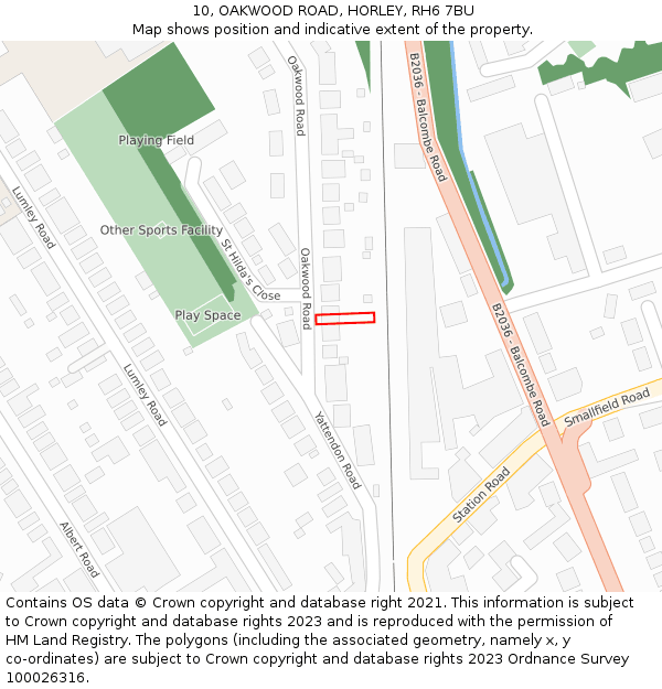 10, OAKWOOD ROAD, HORLEY, RH6 7BU: Location map and indicative extent of plot