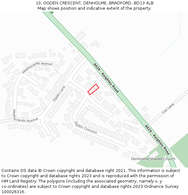 10, OGDEN CRESCENT, DENHOLME, BRADFORD, BD13 4LB: Location map and indicative extent of plot