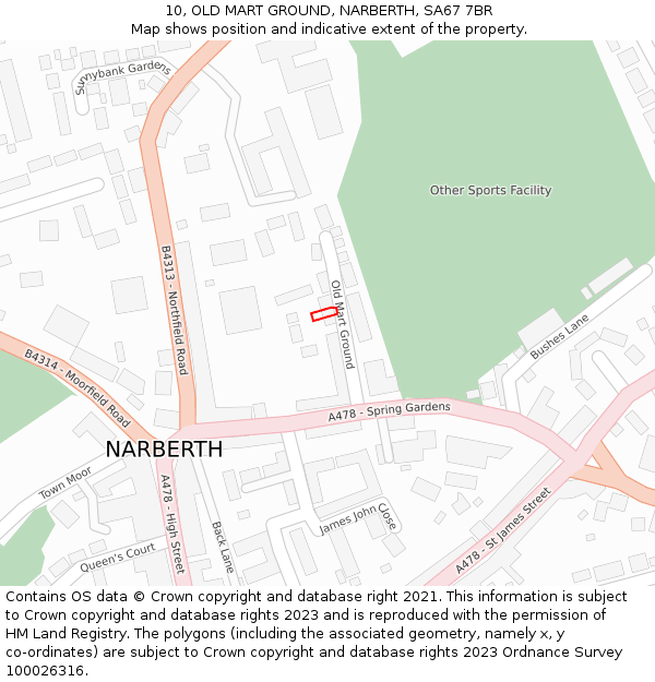 10, OLD MART GROUND, NARBERTH, SA67 7BR: Location map and indicative extent of plot