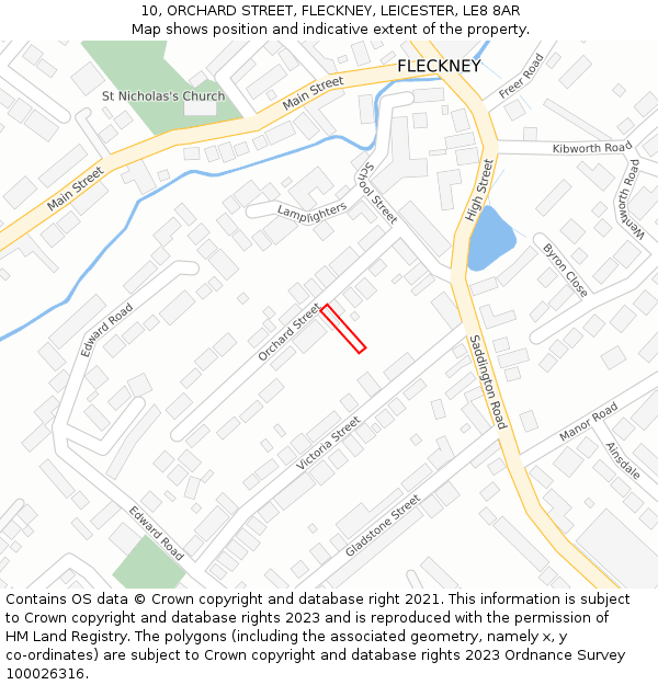 10, ORCHARD STREET, FLECKNEY, LEICESTER, LE8 8AR: Location map and indicative extent of plot