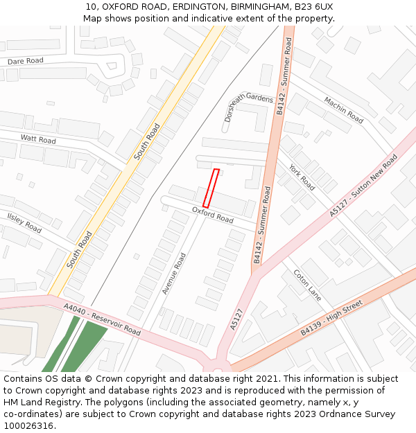 10, OXFORD ROAD, ERDINGTON, BIRMINGHAM, B23 6UX: Location map and indicative extent of plot