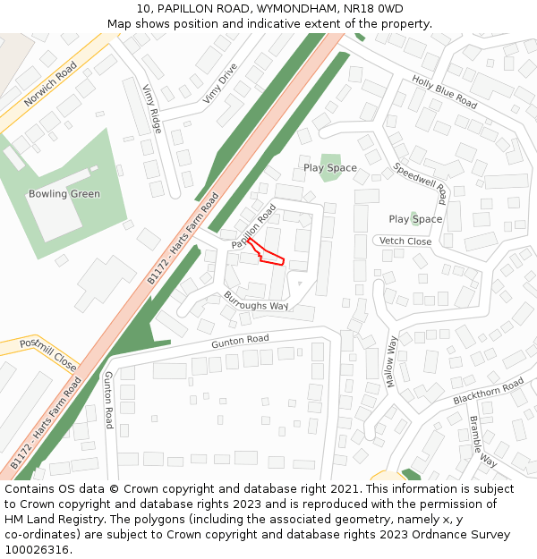 10, PAPILLON ROAD, WYMONDHAM, NR18 0WD: Location map and indicative extent of plot