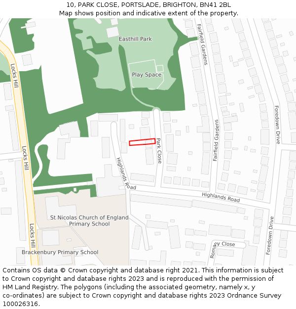 10, PARK CLOSE, PORTSLADE, BRIGHTON, BN41 2BL: Location map and indicative extent of plot