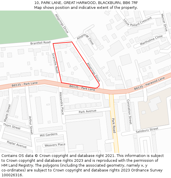 10, PARK LANE, GREAT HARWOOD, BLACKBURN, BB6 7RF: Location map and indicative extent of plot