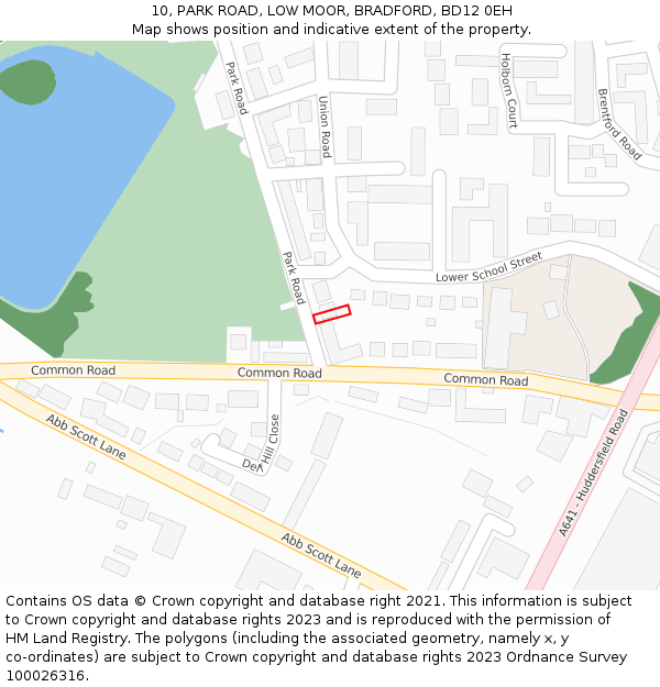 10, PARK ROAD, LOW MOOR, BRADFORD, BD12 0EH: Location map and indicative extent of plot