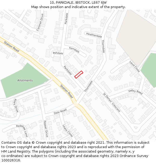 10, PARKDALE, IBSTOCK, LE67 6JW: Location map and indicative extent of plot