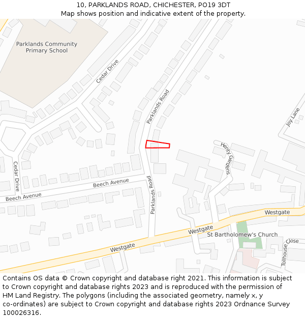 10, PARKLANDS ROAD, CHICHESTER, PO19 3DT: Location map and indicative extent of plot