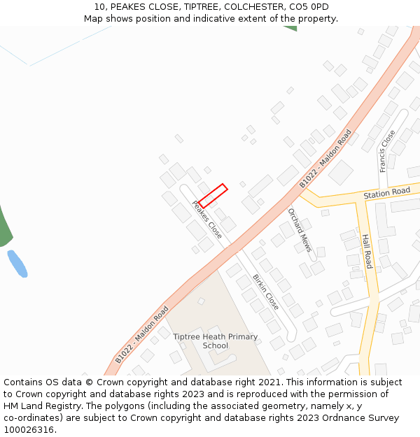 10, PEAKES CLOSE, TIPTREE, COLCHESTER, CO5 0PD: Location map and indicative extent of plot