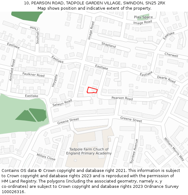 10, PEARSON ROAD, TADPOLE GARDEN VILLAGE, SWINDON, SN25 2RX: Location map and indicative extent of plot