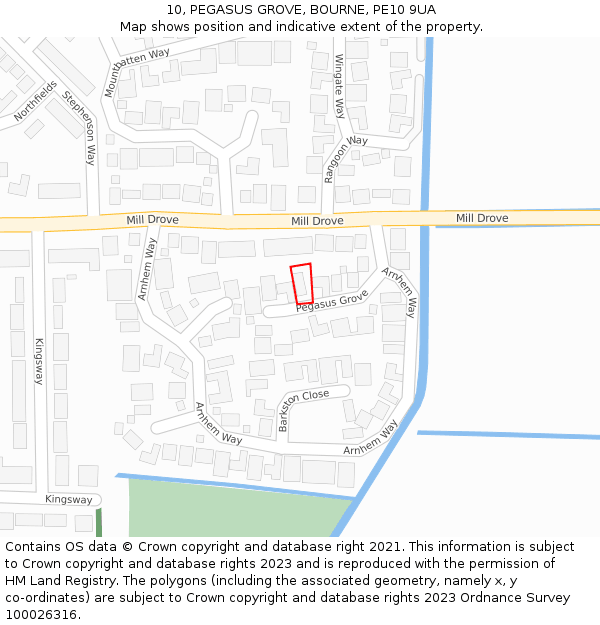 10, PEGASUS GROVE, BOURNE, PE10 9UA: Location map and indicative extent of plot