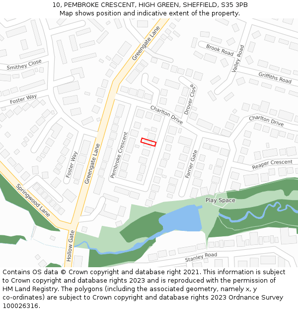 10, PEMBROKE CRESCENT, HIGH GREEN, SHEFFIELD, S35 3PB: Location map and indicative extent of plot