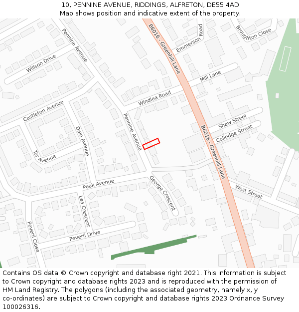 10, PENNINE AVENUE, RIDDINGS, ALFRETON, DE55 4AD: Location map and indicative extent of plot