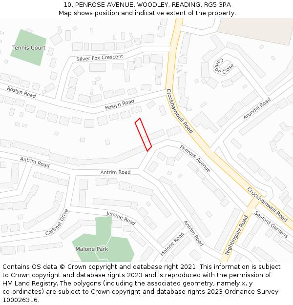 10, PENROSE AVENUE, WOODLEY, READING, RG5 3PA: Location map and indicative extent of plot