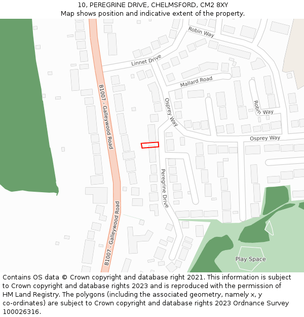 10, PEREGRINE DRIVE, CHELMSFORD, CM2 8XY: Location map and indicative extent of plot