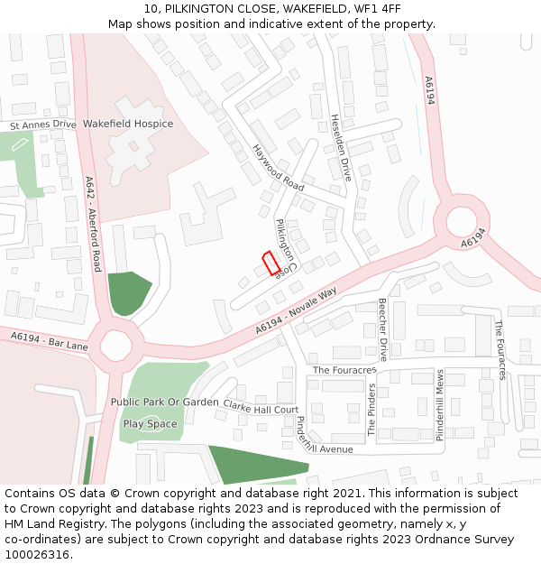 10, PILKINGTON CLOSE, WAKEFIELD, WF1 4FF: Location map and indicative extent of plot