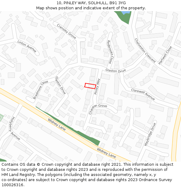 10, PINLEY WAY, SOLIHULL, B91 3YG: Location map and indicative extent of plot