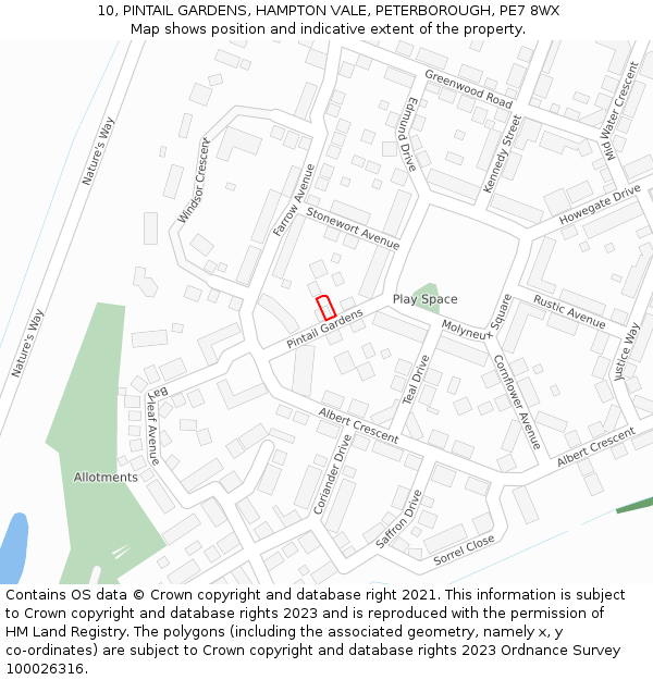 10, PINTAIL GARDENS, HAMPTON VALE, PETERBOROUGH, PE7 8WX: Location map and indicative extent of plot