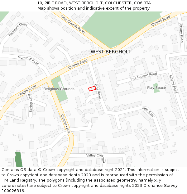 10, PIRIE ROAD, WEST BERGHOLT, COLCHESTER, CO6 3TA: Location map and indicative extent of plot