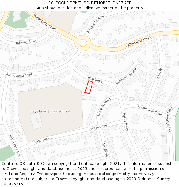 10, POOLE DRIVE, SCUNTHORPE, DN17 2PE: Location map and indicative extent of plot