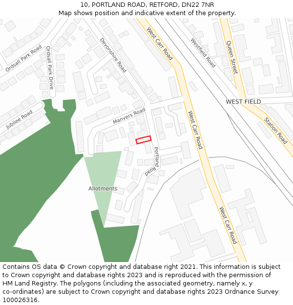 10, PORTLAND ROAD, RETFORD, DN22 7NR: Location map and indicative extent of plot