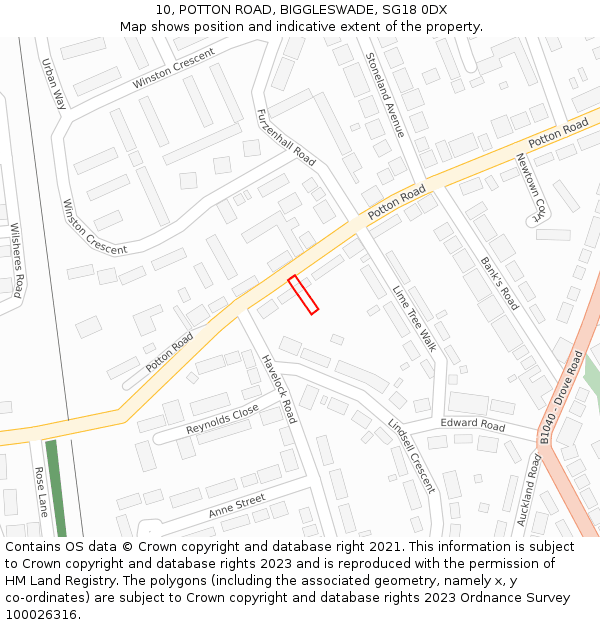 10, POTTON ROAD, BIGGLESWADE, SG18 0DX: Location map and indicative extent of plot