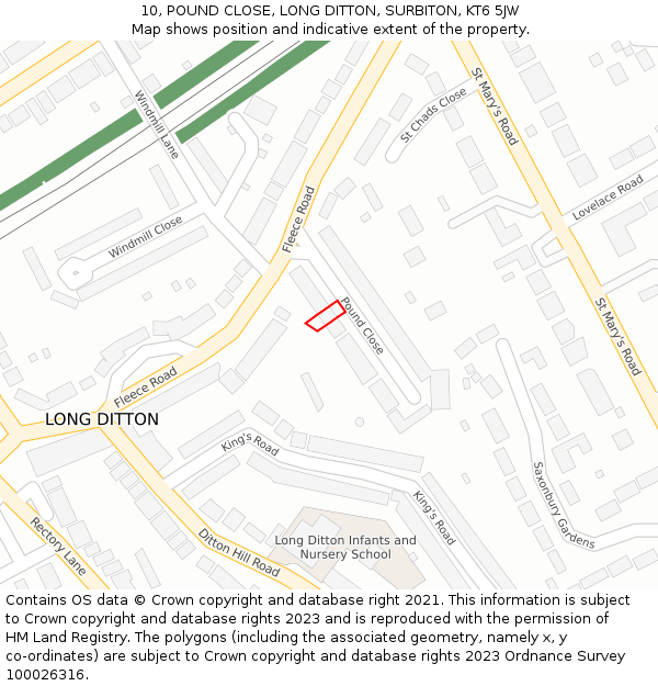 10, POUND CLOSE, LONG DITTON, SURBITON, KT6 5JW: Location map and indicative extent of plot
